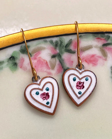 Handmade Earrings: Enameled Rose Hearts