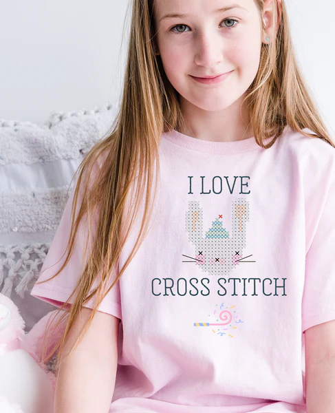 I Love Cross Stitch (with Bunny and Party Horn) Kid's Tee Shirt