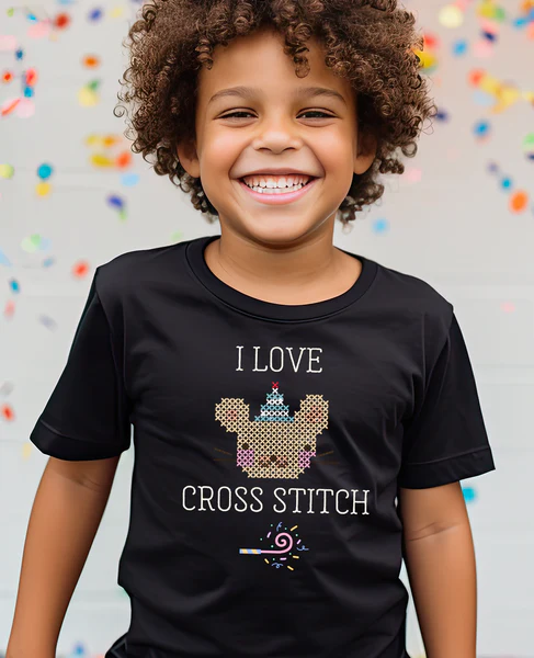 I Love Cross Stitch (with Mouse and Party Horn) Kid's Tee Shirt